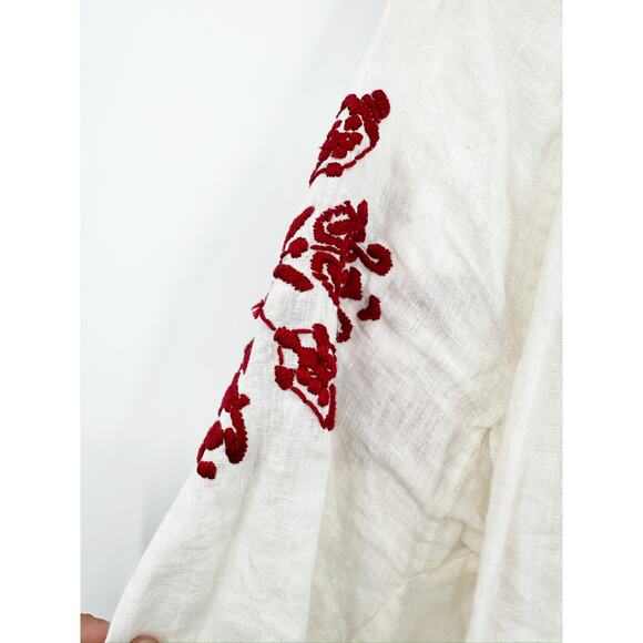 Nili Lotan White Red Embroidered Linen Long Sleeve Split Neck Peasant Top Sz XS - Picture 3 of 5